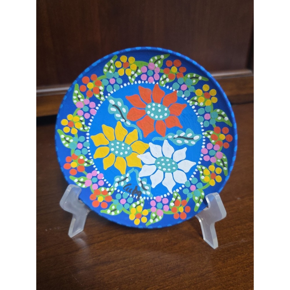 Cuba‎ Red Clay Pottery Plate Hand Painted Blue Floral Bright